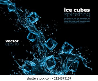 Ice cubes in blue water wave splash. Transparent water and frozen ice crystal cubes. Cooled liquid splatters, 3d realistic vector background with pouring clear aqua drops, alcohol drink spill splash