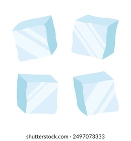 Cubos de hielo o pedazos rotos de hielo aislados en el fondo blanco, bloque congelado frío, estilo plano de la historieta