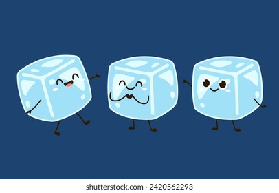 Vector de dibujos animados de cubos de hielo. Los cubos de hielo caen. Diseño del carácter de los cubos de hielo.