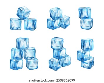 Ice cubes of cold water in 3D realistic design. Vector illustration of frosty cubes, clean frozen blocks of fresh transparent aqua. Cold ice for alcohol cocktails, coffee and juice refreshing drinks