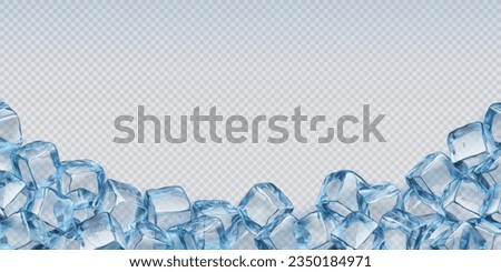Ice cubes and crystals background. Realistic 3d vector frame, isolated border of blue transparent frozen water pieces. Glass or icy solid pieces, template for drink ads with clean square blocks
