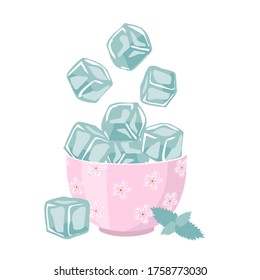 Ice cubes for drinks in a bowl. Vector drawing on a white background isolated.