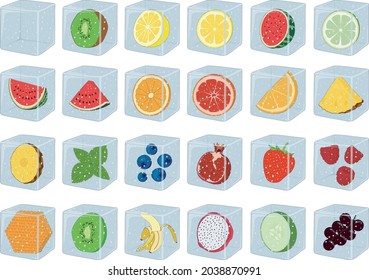 Ice cubes for drinks with fruits and berries inside vector illustration