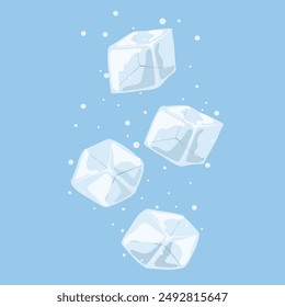 Cubos de hielo cayendo. Cubos de hielo con burbujas de agua. Ilustración vectorial dibujada a mano de dibujos animados. Agua congelada transparente para cóctel, bebida, limonada para enfriamiento.  Piezas de cristal cristalino congeladas.