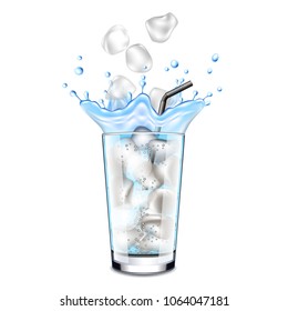 Ice cubes falling into glass of water 3d realistic vector
