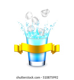 Ice cubes falling into glass of water, yellow ribbon for text, isolated on white