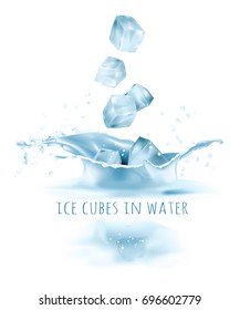 Ice cubes falling to water. Vector illustration.