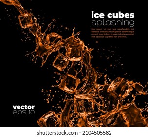 Ice cubes falling to whiskey, cognac or rum, bourbon or brandy alcohol beverage. Vector background. Realistic ice cubes splashing in pouring flow of whiskey drink with drops and sparkling wave