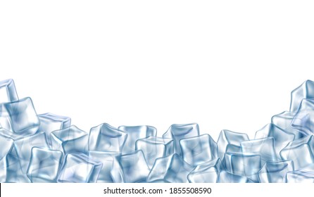 Marco de cubos de hielo. 3 d bloques de hielo transparentes realistas sobre la composición de los bordes inferiores, fondo de agua cristalina congelada, piezas frías para la publicidad de la plantilla de bebidas frescas. Concepto aislado de vector