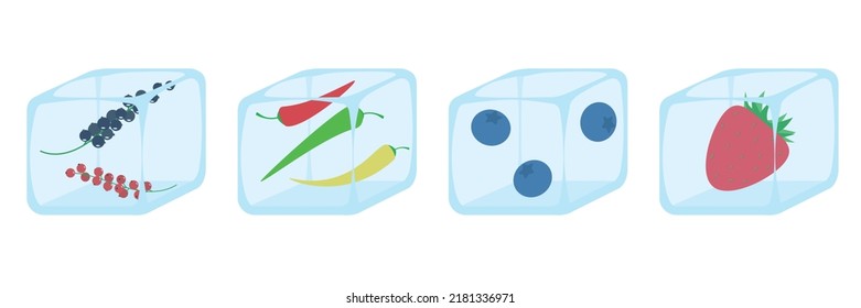 ice cubes with fresh berries on white background isolated