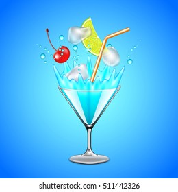 Ice cubes and fruits falling into blue lagoon cocktail vector background