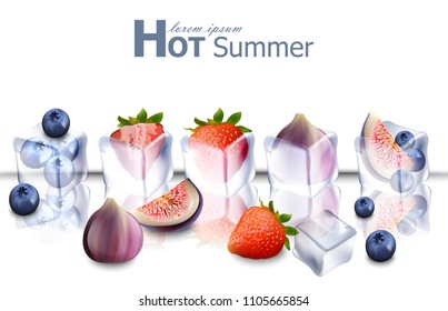 Ice cubes with fruits Vector realistic. Frozen fruits hot summer card
