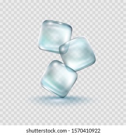 Ice cubes isolated on transparent background. Realistic freeze water icon. Vector ice blue blocks template.