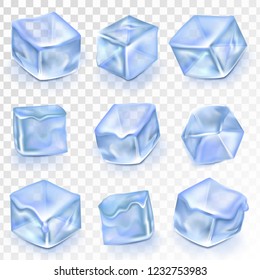 Ice Cubes Isolated Transpatrent Vector. Frost Freeze Design Effect. Clean Cold Crystal. Realistic Blue Ice Water Blocks Icons Set Illustration

