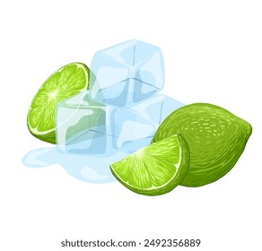 Cubos de hielo con cal. Cubos de cristal de hielo arte de Clip con rebanadas de cal. Ilustración vectorial dibujada a mano de dibujos animados. Agua congelada transparente para el alcohol, cócteles y bebidas para enfriamiento. Fondo blanco.