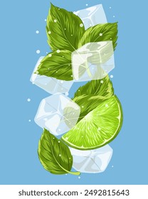 Cubos de hielo con cal cayendo en agua mineral. Cubos de cristal de hielo, menta, burbujas. Ilustración vectorial dibujada a mano de dibujos animados. Agua congelada transparente para cóctel, soda para enfriamiento. 