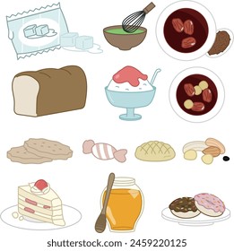 Ice cubes, matcha, brown sugar and red date tea, toast, ice products, biscuits, candies, pineapple bread, strawberry cake, honey, donuts - flat illustration 