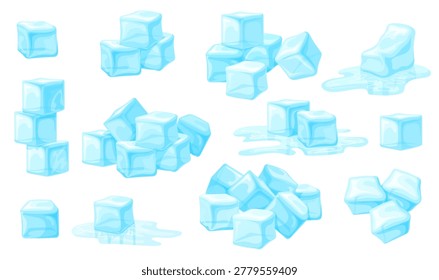 Ice cubes. Melt icecube, frozen water solid block freeze square pieces icy cube stack frosty cocktail summer fresh drink cool cold drop, cartoon realistic neat vector illustration