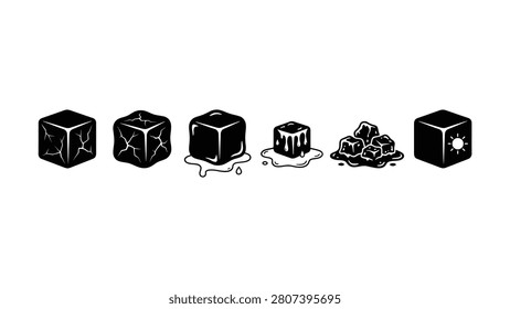 Ice cubes melting and changing shape on white background