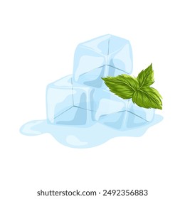 Cubos de hielo. Cubos de cristal de hielo derritiéndose, hojas de menta. Ilustración vectorial dibujada a mano de dibujos animados. Agua helada transparente para cócteles, limonada, bebida. Pieza de cristal claro congelado azul.