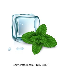 ice cubes with mint leaves isolated on white