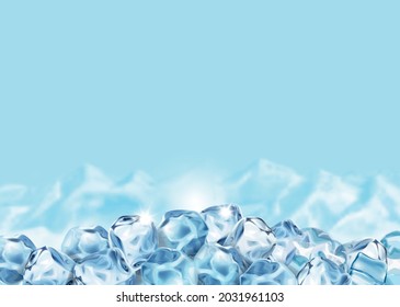 Ice cubes on blue background. Iced realistic frozen water and snowy mountans landscape poster for ads. Vector illustration.