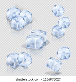 Ice cubes on the transparent background. Collection of vector illustrations showing square pieces of ice. Making of cold drinks, alcoholic and non-alcoholic beverages, cocktails.