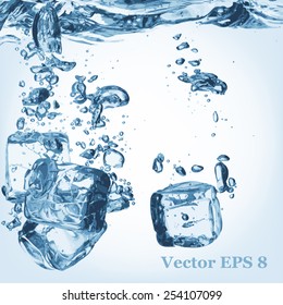 A lot of ice cubes poured in water, vector illustration EPS 8.