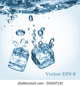 Muchos cubos de hielo vertidos en el agua, ilustración vectorial EPS 8.