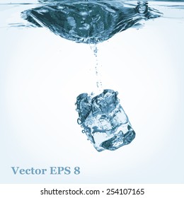 Muchos cubos de hielo vertidos en el agua, ilustración vectorial EPS 8.
