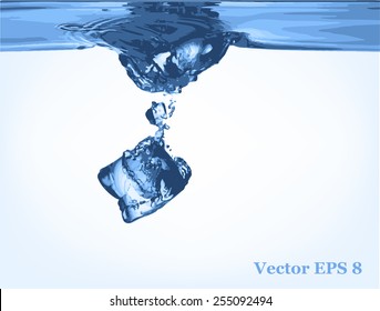 Muchos cubos de hielo vertidos en el agua, ilustración vectorial EPS 8.
