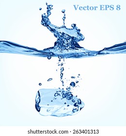 Muchos cubos de hielo vertidos en el agua, ilustración vectorial EPS 8.