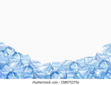 Ice cubes, realistic 3d vector background. Blue Ice transparent blocks surround empty space.