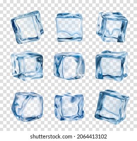 Ice cubes, realistic crystal ice blocks isolated on transparent background. 3d vector blue glass icy pieces for drink cooling, clean square frozen water blocks set for alcohol or cocktail beverages