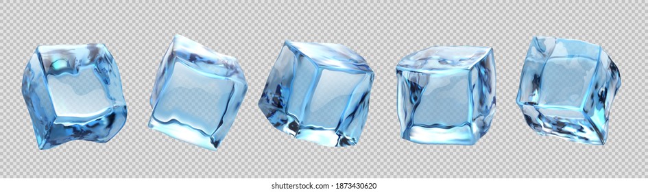 Ice cubes. Realistic transparent freeze water for alcohol and beverage for cooling, advertising elements, blue frozen clear crystal 3d pieces in different angles. Vector isolated set of frost blocks
