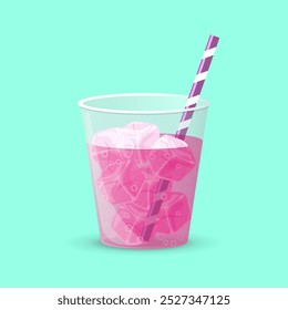 Cubitos de hielo en bebida roja con burbujas y paja. Diseño de Vector.