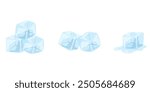 Ice cubes set. Ice crystal cubes on white background. Cartoon hand drawn vector illustration. Transparent freeze water for cocktail, beverage, lemonade for cooling.  Blue frozen clear crystal pieces.