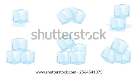 Ice cubes set featuring cartoon-style hand-drawn vector illustrations. Transparent frozen water crystals for cocktails, beverages, and lemonade. Blue frozen clear crystal pieces. Ice crystal cubes