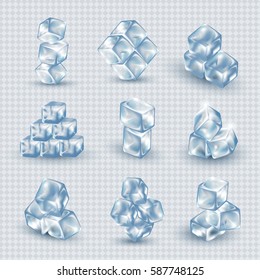Ice cubes set isolated on transparent background,vector illustration.Collection of transparency vector files.3D aqua blocks with reflection.For web site,poster,placard,flyer and wallpaper