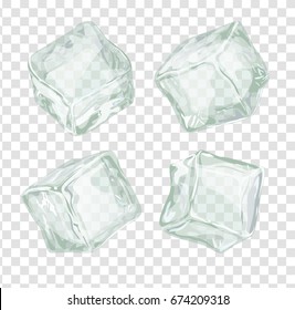 Ice cubes set isolated on white background. Transparent frozen water block vector iilustration for cocktails and cool drinks