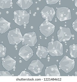 Ice cubes and soda bubbles seamless pattern. Stylized illustration water, cocktails or fizzy drinks.