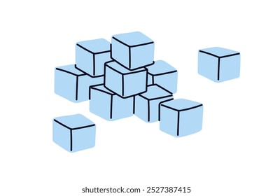 Cubos de hielo en la pila. Bloques de agua congelados en pila, montón. Bloques helados para bebidas frías y frías. Cubos de hielo de cristal claro, composición cuadrada de bloques de hielo. Ilustración vectorial plana aislada sobre fondo blanco