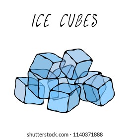 Ice Cubes. Summer Bar Collection. Realistic Hand Drawn High Quality Vector Illustration. Doodle Style.