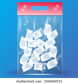 Ice cubes in a transparent bag on a blue background - vector. The concept of pure frozen water. Realization through the trade network.