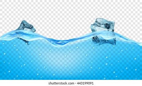 Ice cubes in transparent blue waves of water with air bubbles