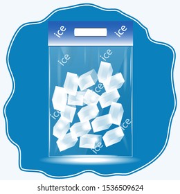 Ice cubes in transparent packaging on a blue abstract icon - isolated on a white background - art, vector. Ice for a cocktail.