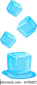 Ice Cubes, Vector Illustration. Water Splashing And Ice Cube With Transparency. Vector Sketch Of Ice Cubes