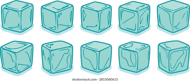Ice cubes vector set blue frozen water cube icons collection cold drink cooling square block graphic elements layout on white background, ice, cube, frozen, water, cold, drink, blue, icon