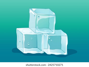 Ice cubes with water drops. melting ice. Vector Isometric Flat illustration.
