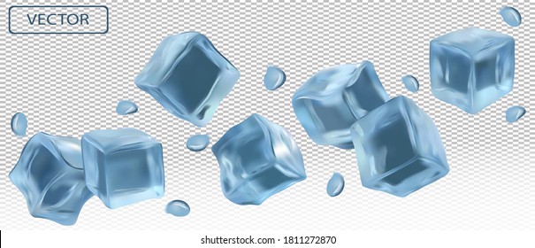 Eiswürfel mit Wassertropfen auf transparentem Hintergrund. Eiswürfel aus verschiedenen Blickwinkeln gefroren. 3D-realistischer Vektorgrafik. 